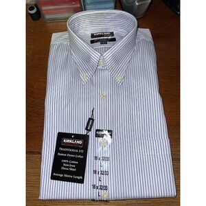 NWT Kirkland Men's Button Up Shirt Size 16 x 32/33 NWT - blue striped